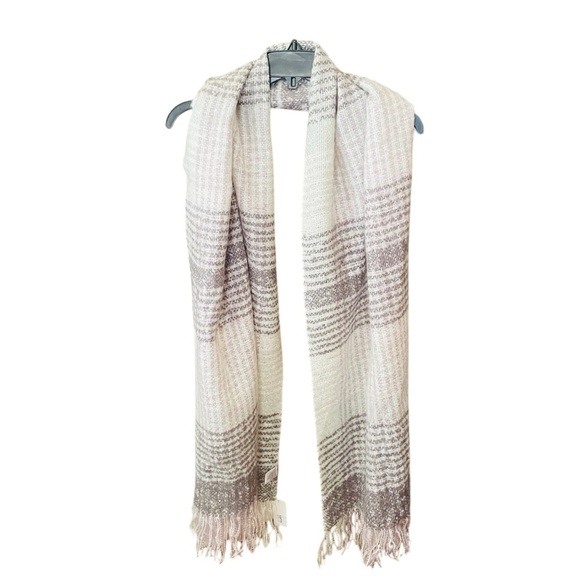 NWT Dressbarn plaid blanket wrap scarf acrylic fringe 72x20 white gray lavender - Picture 1 of 8